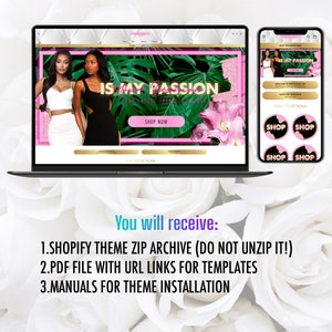 May include: A laptop computer screen displaying a website with the text "IS MY PASSION" and a call to action to "SHOP NOW". The website is decorated with tropical leaves and flowers. A mobile phone screen is also visible, displaying a similar website with the text "IS MY PASSION" and buttons that say "SHOP".