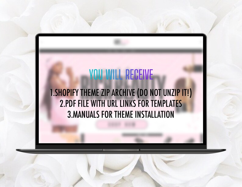 Puede incluir: Una pantalla de computadora port&aacute;til que muestra un sitio web rosa y blanco con el texto "YOU WILL RECEIVE" y una lista de elementos: "1. SHOPIFY THEME ZIP ARCHIVE (DO NOT UNZIP IT!)", "2. PDF FILE WITH URL LINKS FOR TEMPLATES", "3. MANUALS FOR THEME INSTALLATION".