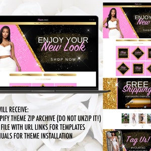May include: A computer screen displaying a website for a clothing store. The website has a pink and black colour scheme with gold glitter accents. The text on the website says "Enjoy Your New Look" and "Shop Now".