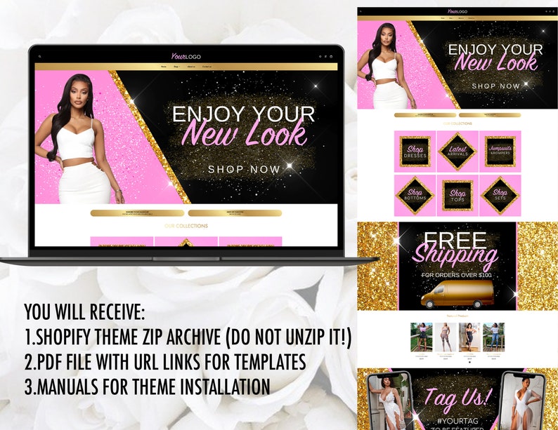 May include: A computer screen displaying a website for a clothing store. The website has a pink and black colour scheme with gold glitter accents. The text on the website says "Enjoy Your New Look" and "Shop Now".