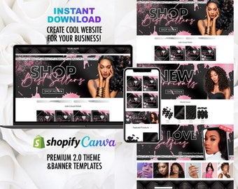 Custom shopify website setup, Black background ,Pink colors & Diamonds Letters Luxury web flyers with theme for hair boutique