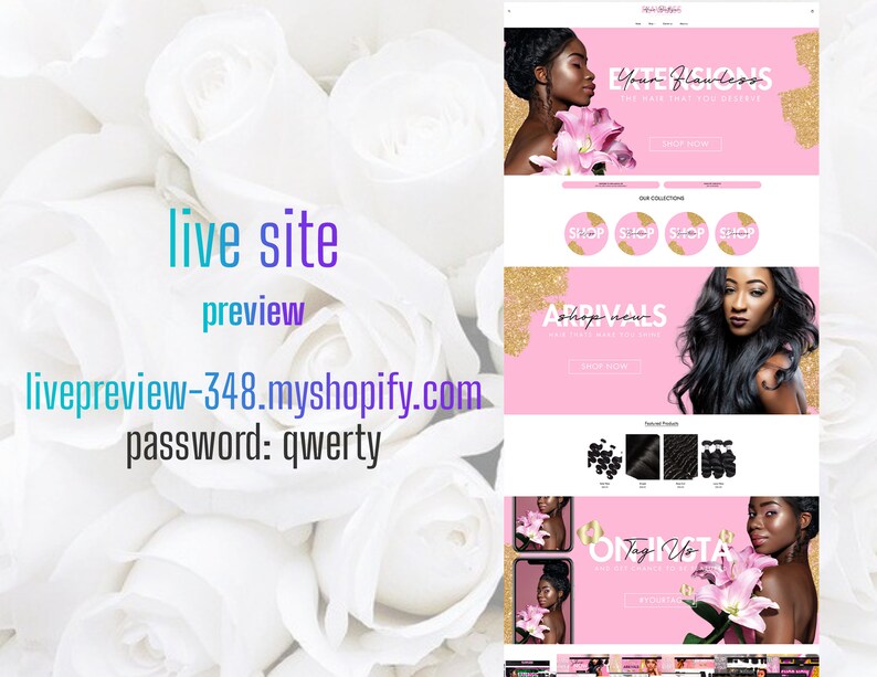 May include: A website homepage for a hair extensions company. The website features a pink and gold colour scheme with images of women wearing hair extensions. The text on the website includes "Your Flawless", "Extensions", "Shop Now", "Arrivals", and "On Insta".