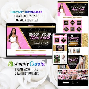 May include: A website design template for an online clothing store. The template features a pink and gold glitter background with the text "Enjoy Your New Look" and "Shop Now". The template also includes a variety of other design elements, such as a logo placeholder, a featured products section, and a call to action button.