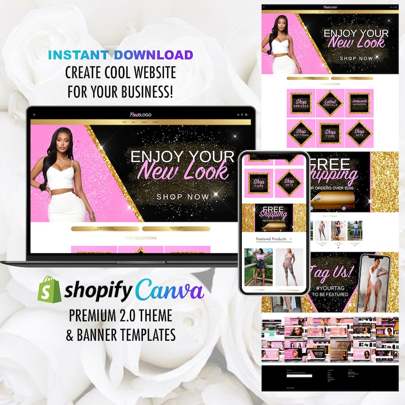 May include: A website design template for an online clothing store. The template features a pink and gold glitter background with the text "Enjoy Your New Look" and "Shop Now". The template also includes a variety of other design elements, such as a logo placeholder, a featured products section, and a call to action button.