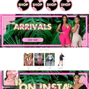 May include: Website homepage for a fashion store featuring a pink and green tropical theme. The website features images of women wearing various clothing items, including dresses, jumpsuits, and tops. The website also includes a call to action to shop now and a section for featured products.