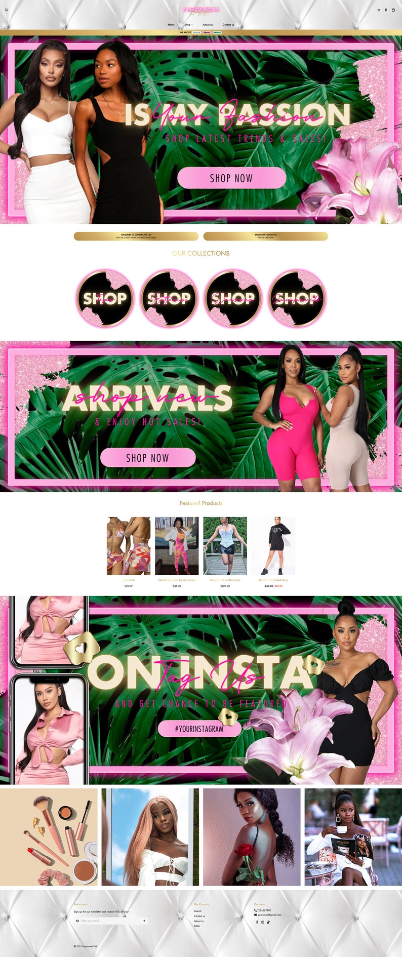 May include: Website homepage for a fashion store featuring a pink and green tropical theme. The website features images of women wearing various clothing items, including dresses, jumpsuits, and tops. The website also includes a call to action to shop now and a section for featured products.