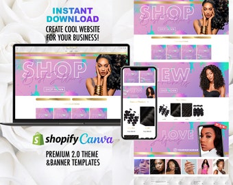 Beautiful shopify website setup service with colorful banners set, Black & Diamonds Premade website for hair boutique