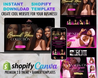 May include: A pink and black Shopify website template for a hair boutique. The website features a model wearing a pink fuzzy outfit and the text "Crowned Hair Collection". The template includes a "Shop Now" button and a section for "Our Collections".