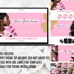 May include: A pink and gold website design for a hair extensions business. The website features a model with long black hair and a pink flower. The text on the website reads "Your Flawless, The Hair That You Deserve".