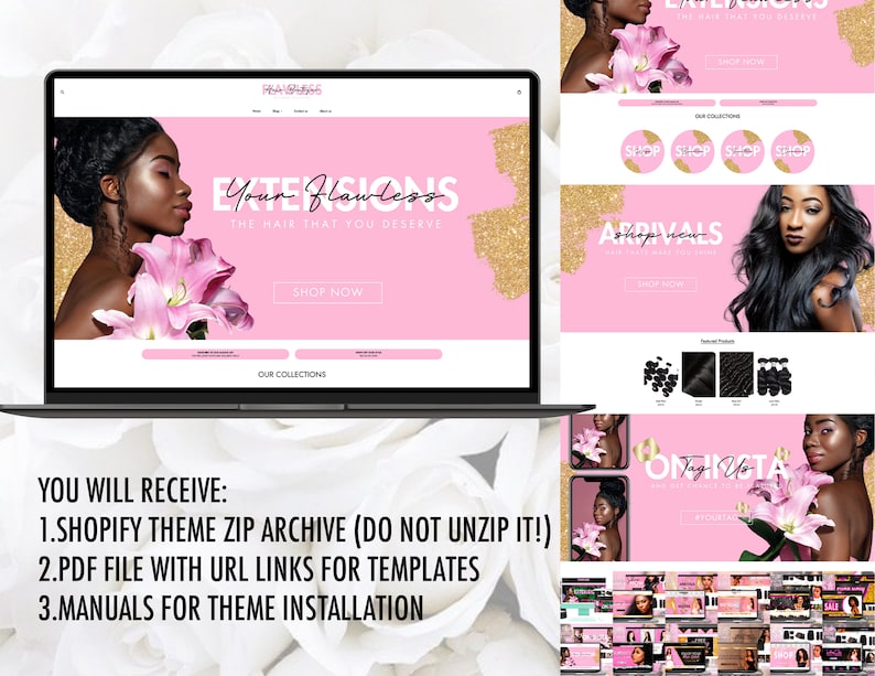 May include: A pink and gold website design for a hair extensions business. The website features a model with long black hair and a pink flower. The text on the website reads "Your Flawless, The Hair That You Deserve".