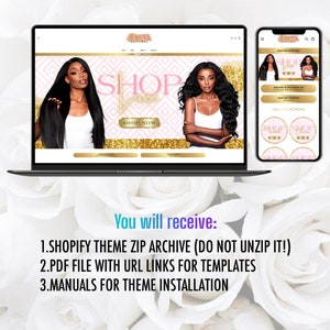 Pu&ograve; includere: Un computer portatile che mostra un sito web per un'azienda di extension per capelli chiamata "Lune Boutique". Il sito web presenta uno schema di colori rosa e oro con il testo "Shop Luxe" e una call to action per "Shop Now". Il sito web presenta anche immagini di donne con capelli lunghi e fluenti. Un telefono cellulare che mostra lo stesso sito web &egrave; mostrato accanto al laptop.