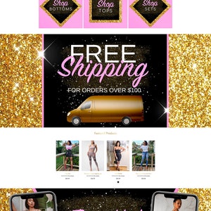 May include: Website homepage for an online clothing store featuring a model wearing a white crop top and skirt. The website has a pink and black colour scheme with gold glitter accents. The text "Enjoy Your New Look" is displayed in a large font. The website also features a section for "Our Collections" with categories such as dresses, arrivals, jumpsuits, rompers, bottoms, tops, and sets. The website offers free shipping for orders over &pound;100.