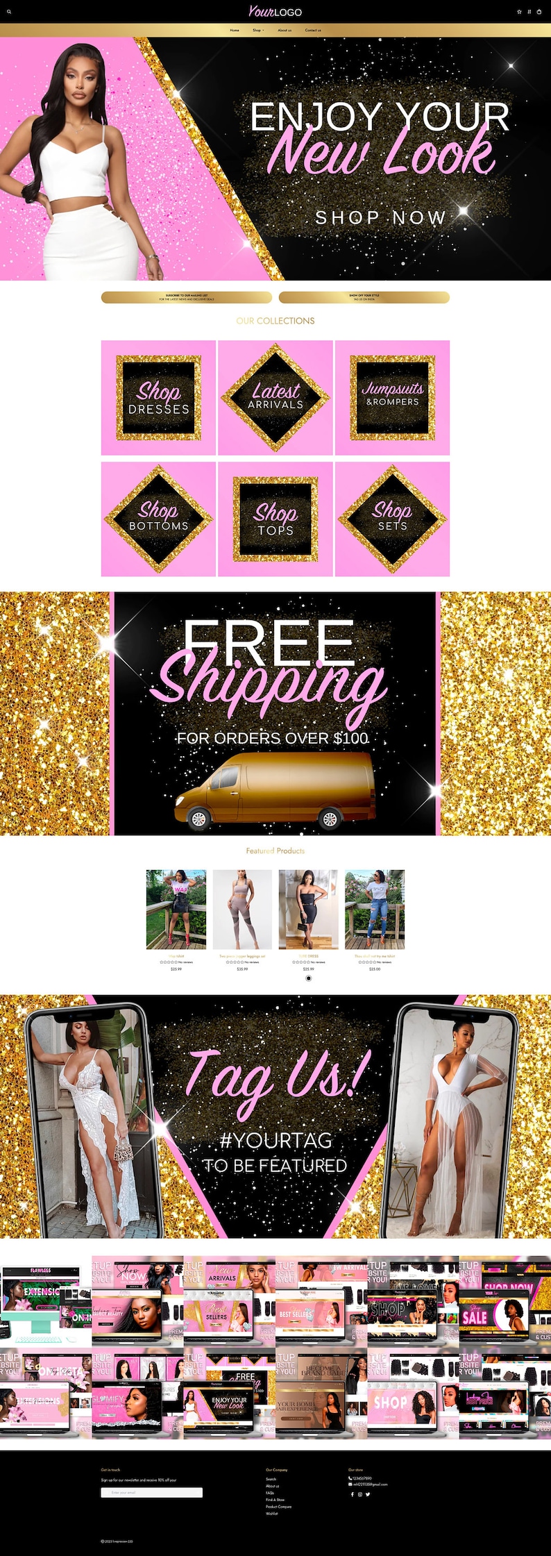 May include: Website homepage for an online clothing store featuring a model wearing a white crop top and skirt. The website has a pink and black colour scheme with gold glitter accents. The text "Enjoy Your New Look" is displayed in a large font. The website also features a section for "Our Collections" with categories such as dresses, arrivals, jumpsuits, rompers, bottoms, tops, and sets. The website offers free shipping for orders over &pound;100.