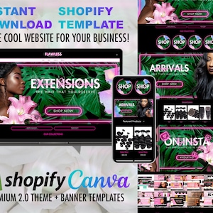 DIY shopify theme template with editable canva banners, Tropical & Pink Neon vibes Luxe web banners set for Hair store and more!