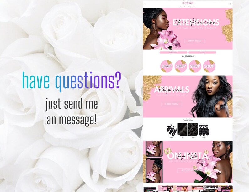 May include: Website homepage for a hair extensions company. The website features a pink and gold colour scheme with images of women with long, flowing hair. The text on the website reads "Your Flawless" and "Extensions".