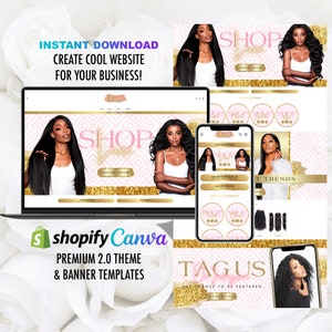 Pu&ograve; includere: Un modello di design di sito web rosa e oro per un'azienda di extension per capelli. Il modello presenta una grande immagine di una donna con lunghi capelli neri, il testo "Shop Luxe" e un pulsante "Shop Now". Il modello include anche un'immagine pi&ugrave; piccola di una donna con i capelli ricci e il testo "Tag Us".