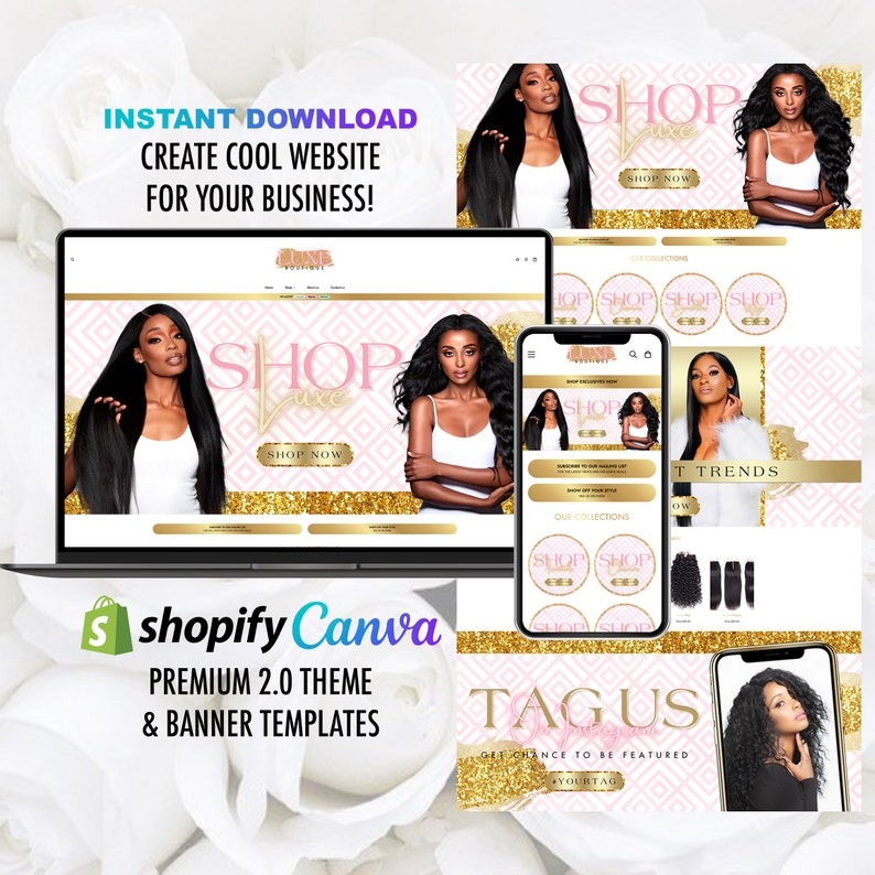 Pu&ograve; includere: Un modello di design di sito web rosa e oro per un'azienda di extension per capelli. Il modello presenta una grande immagine di una donna con lunghi capelli neri, il testo "Shop Luxe" e un pulsante "Shop Now". Il modello include anche un'immagine pi&ugrave; piccola di una donna con i capelli ricci e il testo "Tag Us".