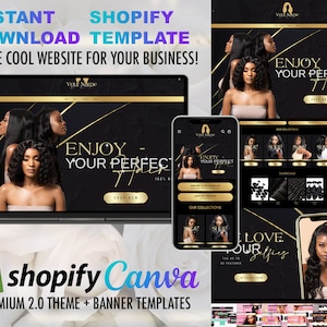 May include: A black and gold Shopify website template for a hair extension business. The website features a banner with the text "Enjoy Your Perfect Hair" and a call to action button that says "Shop Now". The website also includes a section for showcasing different hair collections and a section for customer testimonials.