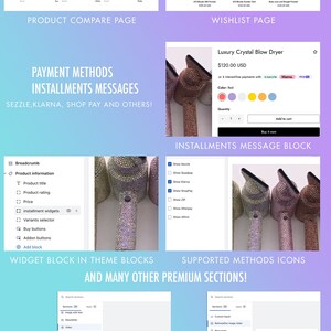 Pu&ograve; includere: Uno screenshot di un sito web che mostra diverse sezioni di un tema di e-commerce premium. Il tema include funzionalit&agrave; come il confronto dei prodotti, la lista dei desideri, i metodi di pagamento e i messaggi di pagamento rateale. Il sito web presenta anche un blocco di widget con diverse sezioni, tra cui un prodotto in evidenza, una mappa di immagini e un eroe video.