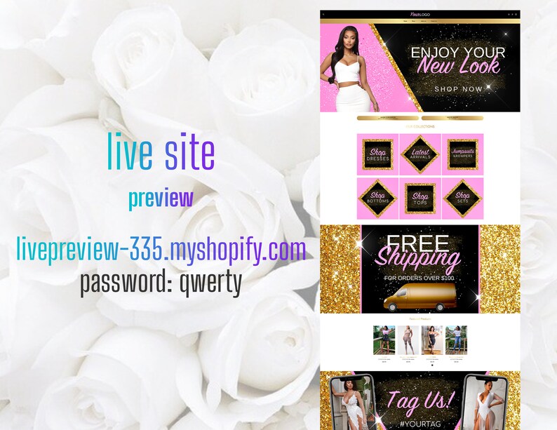 May include: A website homepage for a clothing store with a pink and gold colour scheme. The text "Enjoy Your New Look" is displayed in a large font on a pink background. The website features a variety of clothing items, including dresses, tops, and bottoms. The website also offers free shipping for orders over &pound;100.