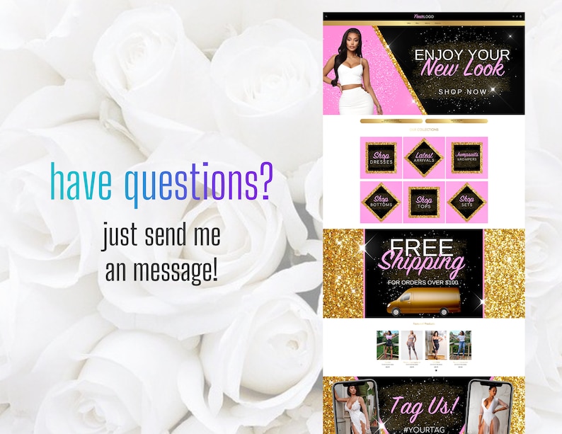 May include: A website homepage for an online clothing store with a pink and black colour scheme. The website features a model wearing a white crop top and white skirt. The text "ENJOY YOUR NEW LOOK" is displayed in a pink box with a black outline. The text "SHOP NOW" is displayed in a white box with a black outline. The website also features a section with free shipping for orders over &pound;100.