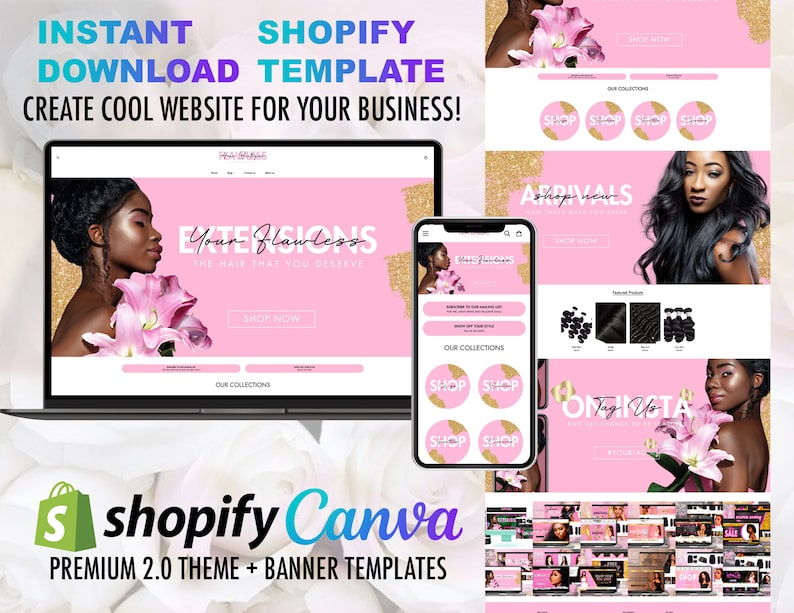 May include: A pink and gold website design template for a hair extensions business. The template features a large image of a woman with long black hair, a pink background with gold glitter, and the text "Your Flawless" and "The hair that you deserve".
