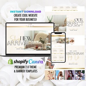 Op de afbeelding: Laptop-, smartphone- en website-mockups tonen een thema voor huisdecoratie. Tekst omvat "Shop New Arrivals", "Enjoy Our Perfect Home Supplies" en "Instant Download Create Cool Website For Your Business!". Het Shopify Canva-logo is ook zichtbaar.