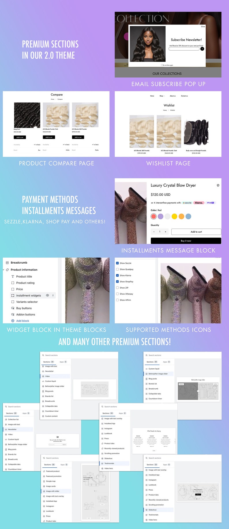 May include: A screenshot of a website showing different sections of a premium e-commerce theme. The theme includes features like product comparison, wishlist, payment methods, and installment messages. The website also features a widget block with various sections, including a featured product, image map, and video hero.