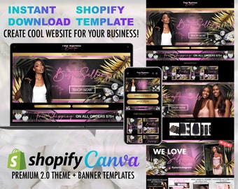 Hair Website Branding Kit with Golden Tropical Leaves, Luxe Hair Website Template, Posh Gold and Black Hair Website
