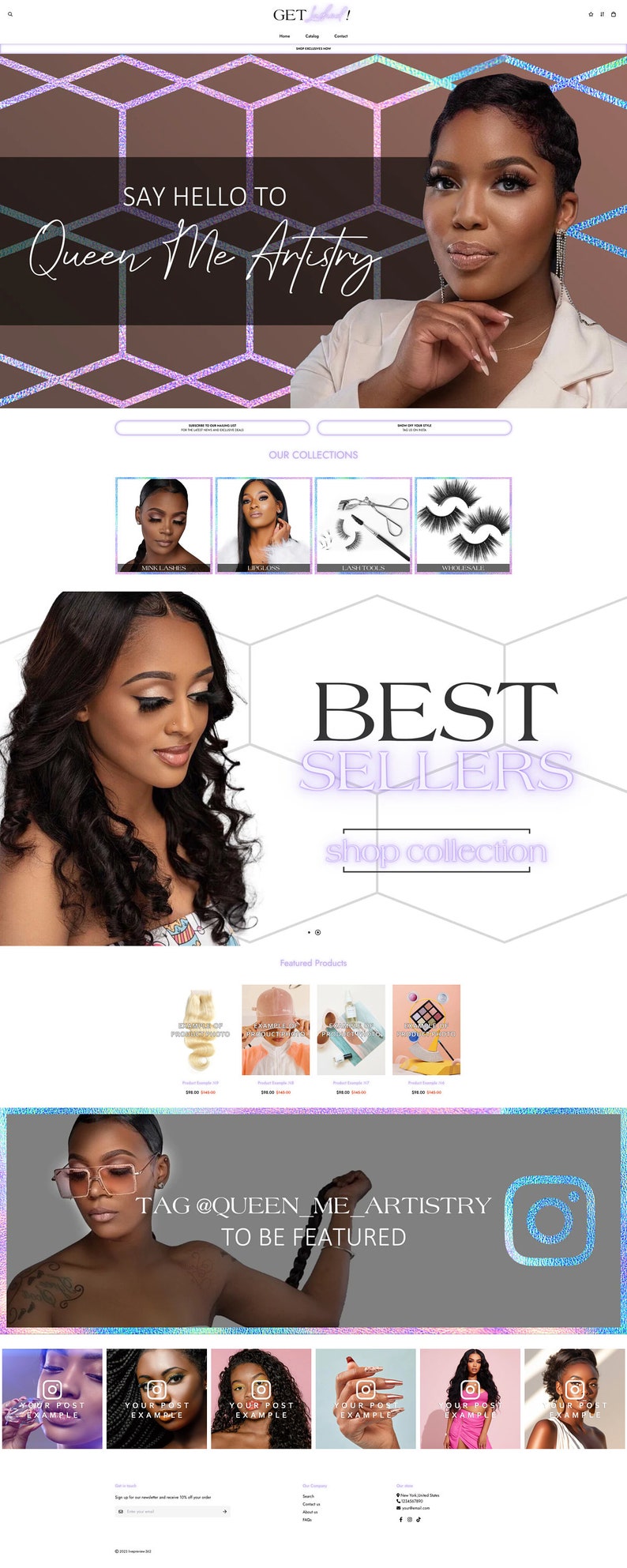 Puede incluir: La p&aacute;gina de inicio del sitio web de Queen Me Artistry, una empresa de productos de belleza y cuidado del cabello. El sitio web ofrece una variedad de productos, que incluyen pesta&ntilde;as de vis&oacute;n, brillo de labios, herramientas para pesta&ntilde;as y pesta&ntilde;as al por mayor. El sitio web tambi&eacute;n presenta una secci&oacute;n para los m&aacute;s vendidos y una llamada a la acci&oacute;n para etiquetar a la empresa en las redes sociales para ser presentado.