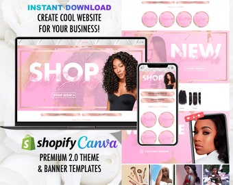 Light pink & Rose Gold Premade Website setup + premade logo, Luxury Website for Shopify Hair Boutique