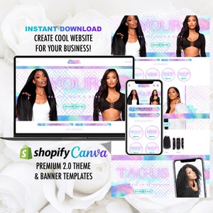May include: A website design template for a hair extension business. The template features a colorful, glittery background with a model wearing hair extensions. The text "Your Beauty Store" is displayed on the website. The template is designed for use with Shopify and Canva.