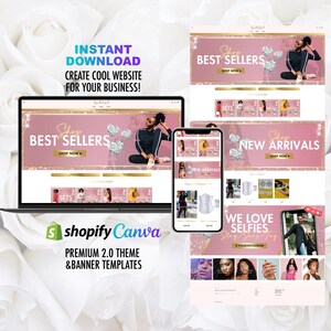 May include: A pink and gold website design template for an online shop selling clothing and accessories. The template features a banner with the text "Shop Best Sellers" and a model wearing a black outfit. The template also includes a section for new arrivals and a section for featured products.