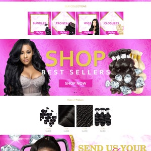 May include: Website banner for a hair boutique featuring a woman with long, curly hair. The banner includes the text "Luxury Bundles" and "Shop Now." Additional sections showcase hair bundles, frontals, wigs, and closures.