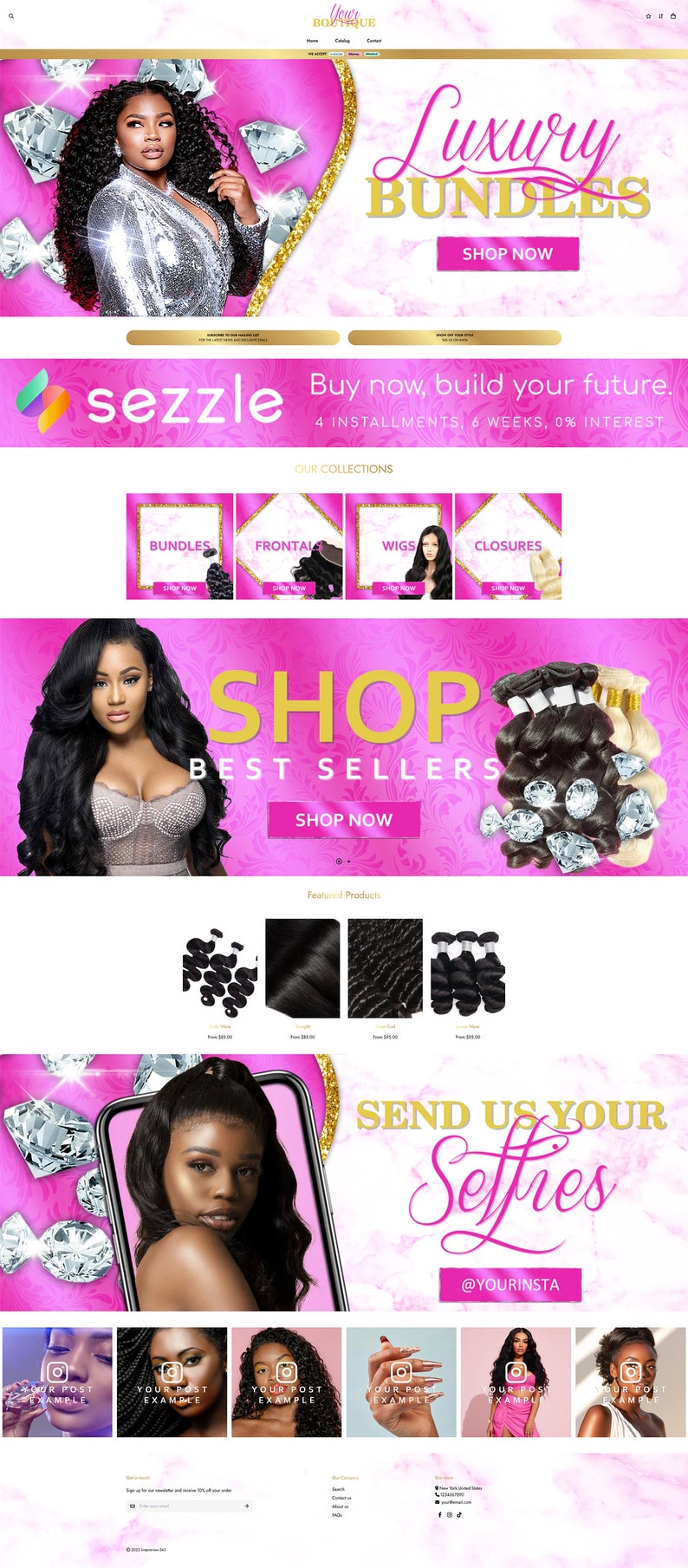 May include: Website banner for a hair boutique featuring a woman with long, curly hair. The banner includes the text "Luxury Bundles" and "Shop Now." Additional sections showcase hair bundles, frontals, wigs, and closures.