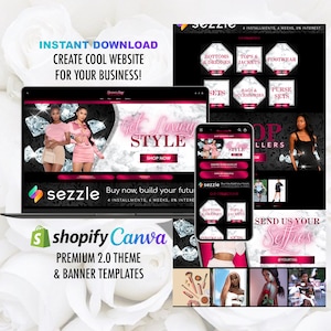 Könnte beinhalten: Eine Collage von Bildern, die für eine Website zum Verkauf von Kleidung und Accessoires werben. Die Website heißt "Get Luxury Style" und hat ein pink-schwarzes Farbschema mit diamantförmigen Akzenten. Der Text "Send Us Your Selfies" ist ebenfalls im Bild enthalten.