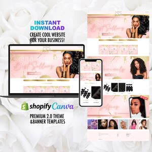 May include: A pink and gold website design template for a hair extensions business. The template features a large banner image with a model wearing hair extensions, and a call to action to "Shop Now". The template also includes a section for featured products, a section for new arrivals, and a section for customer reviews. The template is designed to be used with Shopify and Canva.