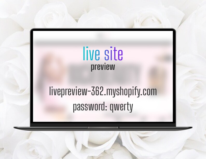 Puede incluir: Una pantalla de computadora port&aacute;til que muestra una vista previa del sitio web con el texto "live site preview" y la URL "livepreview-362.myshopify.com". El texto "password: qwerty" tambi&eacute;n se muestra en la pantalla.