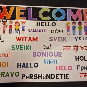Może przedstawiać: Kolorowy znak powitalny z napisem "WELCOME" dużymi literami u góry. Znak zawiera ilustracje ludzi z różnych kultur i zawiera pozdrowienia w różnych językach, takich jak "Hello", "Namaste", "Shalom", "Witam", "Sveiki", "Bonjour", "Hola", "Zdravо", i "Përshendetje".