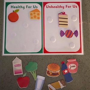 Pack alimentación saludable - Frutas / Verduras / Clasificación de alimentos saludables / poco saludables - Laminado - Precortado- listo para usar- Cuidador de niños- Guardería- Escuela
