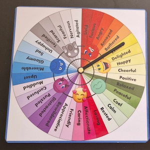 May include: A colorful wheel with different emotions and corresponding emojis. The wheel is divided into 24 sections, each with a different color and emotion word. The emotions range from positive to negative, and the emojis represent the different emotions.