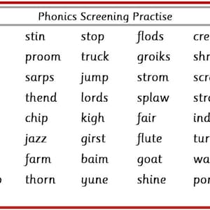 Può includere: Un foglio di lavoro in bianco e nero con il titolo "Phonics Screening Practise". Il foglio di lavoro contiene una griglia di parole, ogni parola è scritta in testo nero.