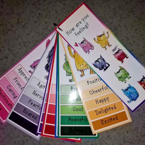 Colour Emotion Monsters- Flash Cards - Laminated - On a ring - feelings- communication- story resource