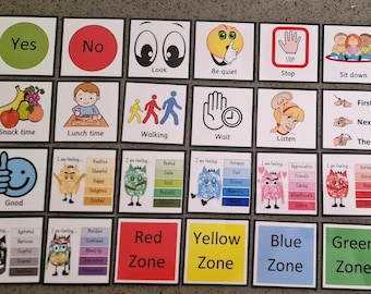 May include: A set of colorful cards with images and text. The cards are divided into three rows. The top row has cards with images of eyes, a person with their finger on their lips, a hand with a stop sign, and two people sitting down. The middle row has cards with images of a banana and fruit, a person eating lunch, people walking, a hand with a clock, a person listening, and three hands showing the words "first", "next", and "then". The bottom row has cards with images of a happy face, a green monster, a blue monster, a pink monster, a red monster, and a green monster. The cards also have text on them, such as "Yes", "No", "Look", "Be quiet", "Stop", "Sit down", "Snack time", "Lunch time", "Walking", "Wait", "Listen", "First", "Next", "Then", "Good", "Red Zone", "Yellow Zone", "Blue Zone", and "Green Zone".