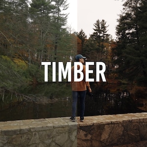 May include: A person standing on a stone bridge in a forest setting. The person is wearing a brown jacket, blue jeans, and a baseball cap. The word "TIMBER" is written in white letters on a dark background.