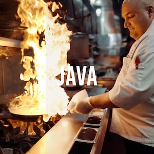 May include: A chef in a white uniform cooks with a large flame in a pan. The word "JAVA" is visible in the image.