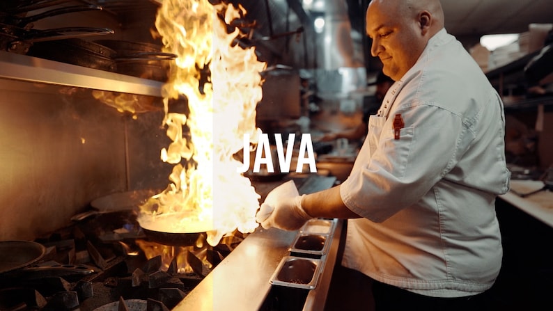 May include: A chef in a white uniform cooks with a large flame in a pan. The word "JAVA" is visible in the image.