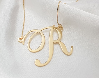 Initial Letter Necklace • Personalized Big Letter Monogram Necklace • Cursive Handwriting Capitalized Letter Pendant • Personal Gift For Her