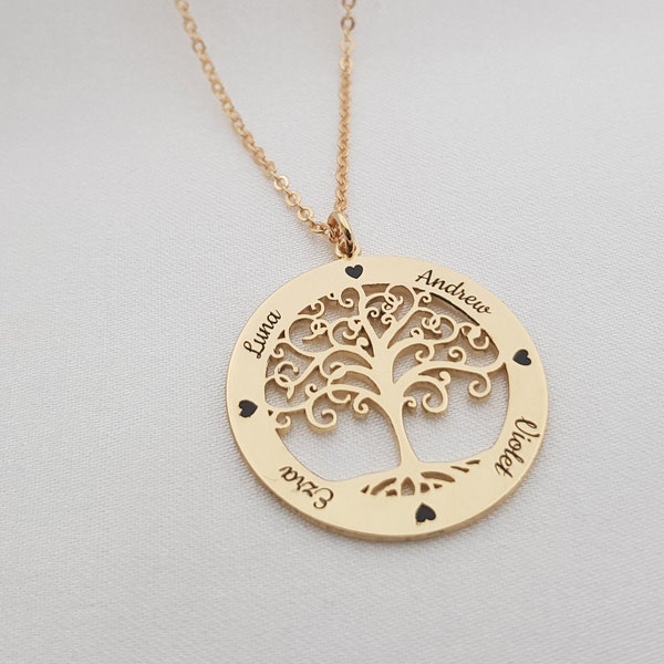 Collier arbre de vie avec noms de famille • Bijoux de famille • Collier prénom personnalisé avec noms d'enfants • Bijoux cadeau d'anniversaire pour la fête des mères