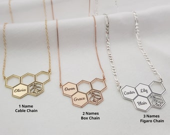 Honeycomb Necklace • Necklace For Mom With Kids Names • Family Name Necklace For Mom • Heart Necklace For Mom • Mother Jewelry With Names